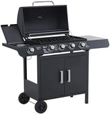 Gas BBQ Grill 4+1 Burner, Outdoor Barbecue with Wheels, Warming Rack, Side Shelves, Storage Cabinet, Temperature Gauge, 125 × 51 × 100 cm, Black