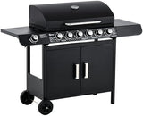 Gas BBQ Grill with 6 Main Burners and 1 Side Burner, Outdoor Barbecue Trolley, Warming Rack, Side Shelves, Storage Cabinet, Thermometer, Black