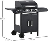 3+1 Burner Gas BBQ Grill, Outdoor Barbecue Trolley with Wheels, Warming Rack, Side Shelves, Storage Cabinet, Built-In Thermometer, for Garden