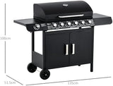 Gas BBQ Grill with 6 Main Burners and 1 Side Burner, Outdoor Barbecue Trolley, Warming Rack, Side Shelves, Storage Cabinet, Thermometer, Black