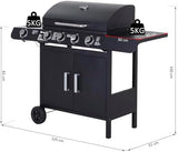 Gas BBQ Grill 4+1 Burner, Outdoor Barbecue with Wheels, Warming Rack, Side Shelves, Storage Cabinet, Temperature Gauge, 125 × 51 × 100 cm, Black