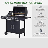 Gas BBQ Grill 4+1 Burner, Outdoor Barbecue with Wheels, Warming Rack, Side Shelves, Storage Cabinet, Temperature Gauge, 125 × 51 × 100 cm, Black