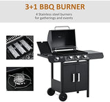 3+1 Burner Gas BBQ Grill, Outdoor Barbecue Trolley with Wheels, Warming Rack, Side Shelves, Storage Cabinet, Built-In Thermometer, for Garden