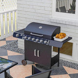 Gas BBQ Grill with 6 Main Burners and 1 Side Burner, Outdoor Barbecue Trolley, Warming Rack, Side Shelves, Storage Cabinet, Thermometer, Black