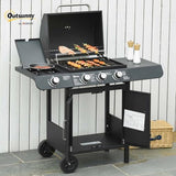 3+1 Burner Gas BBQ Grill, Outdoor Barbecue Trolley with Wheels, Warming Rack, Side Shelves, Storage Cabinet, Built-In Thermometer, for Garden